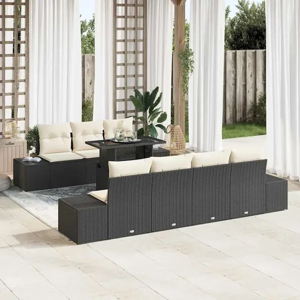 Ensemble de Canapés avec coussin 8 pcs Noir et Crème polyrotin