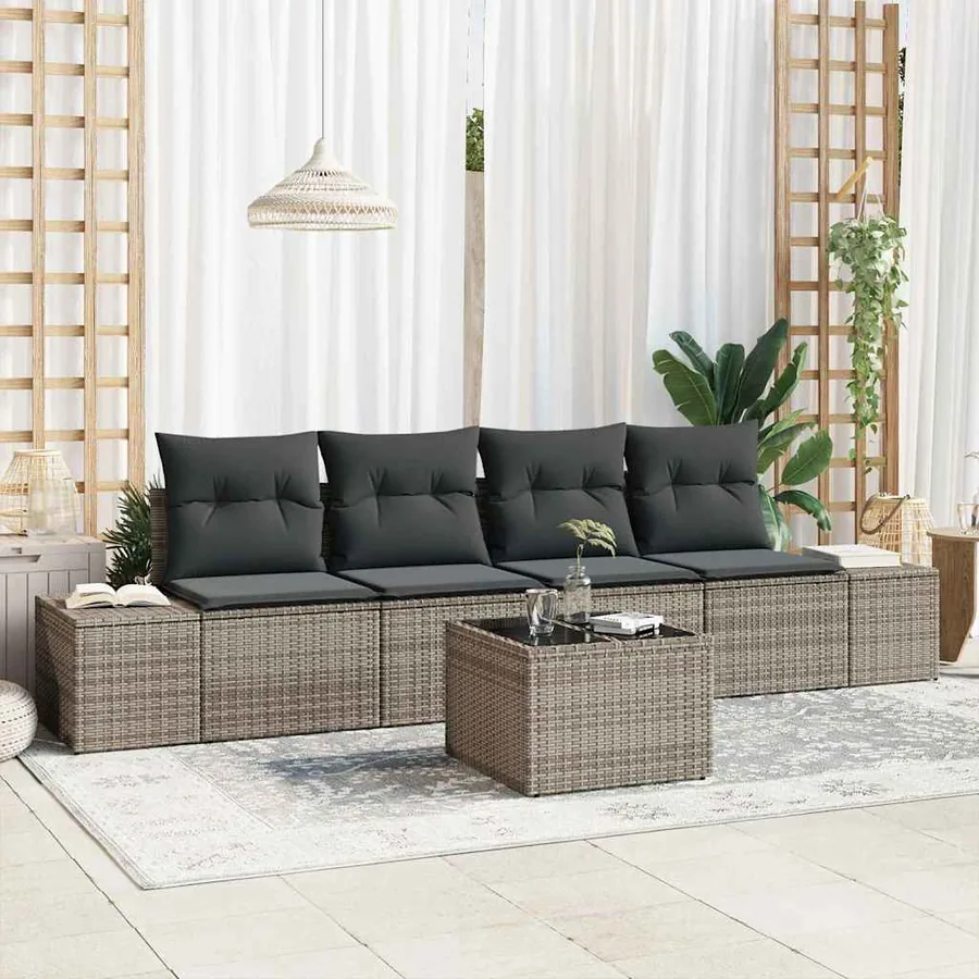 Ensemble de Canapés avec coussin 5 pcs Gris polyrotin