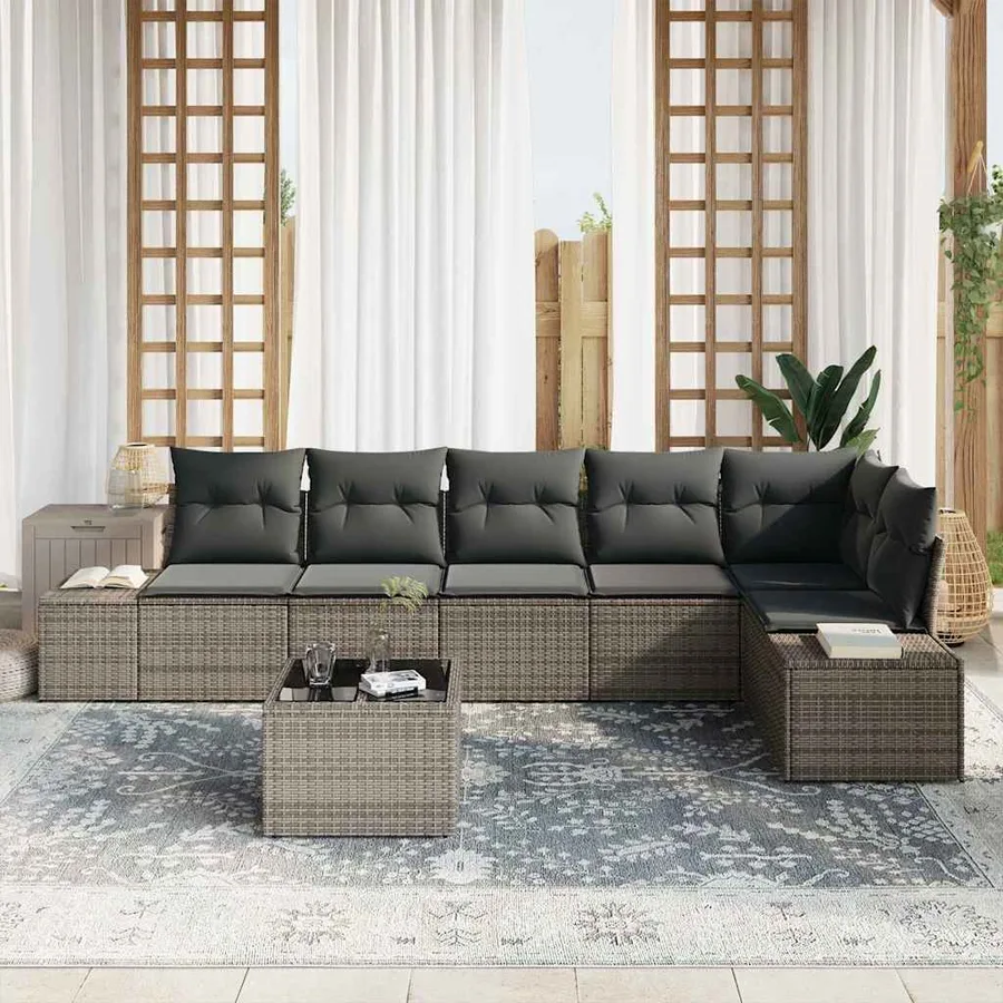 Ensemble de canapé de jardin avec coussin 7 pcs Gris polyrotin - 3