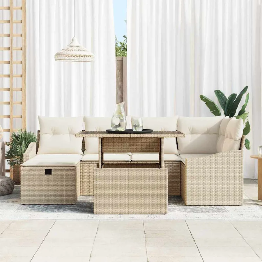 Ensemble de canapé de jardin avec coussin 7 pcs Beige polyrotin - 3