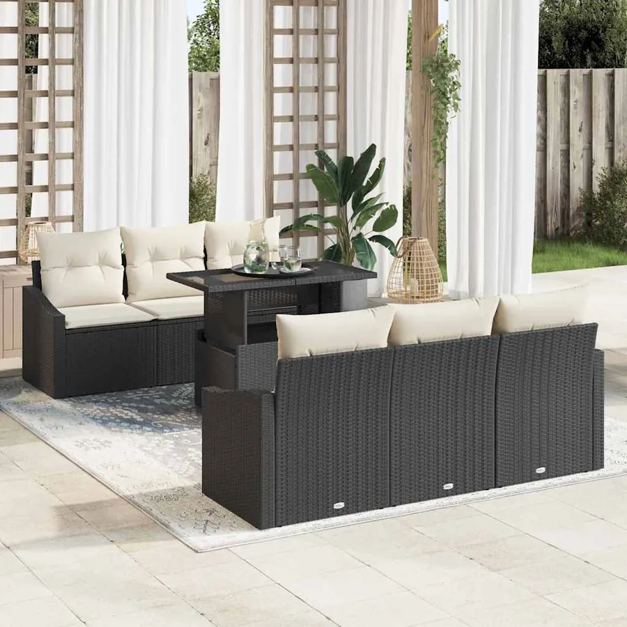 Ensemble de canapé de jardin avec coussin 7 pcs Noir polyrotin