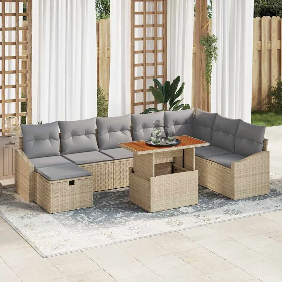 Ensemble de canapé de jardin 9 pcs Beige polyrotin