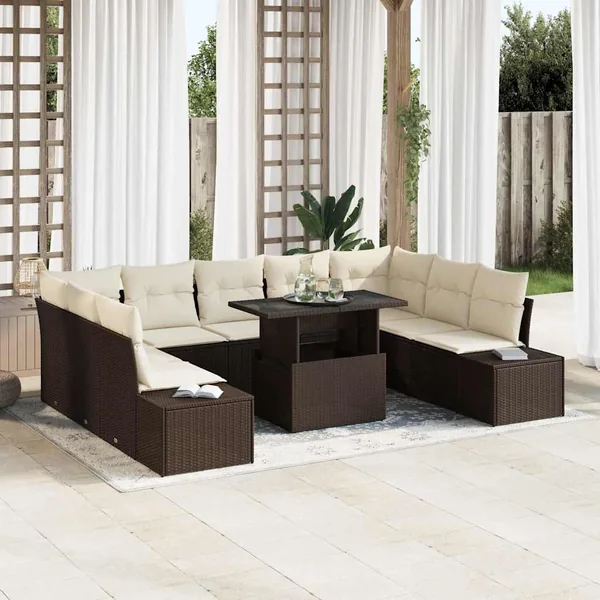 Ensemble de canapé de jardin 10 pcs Marron et Crème polyrotin