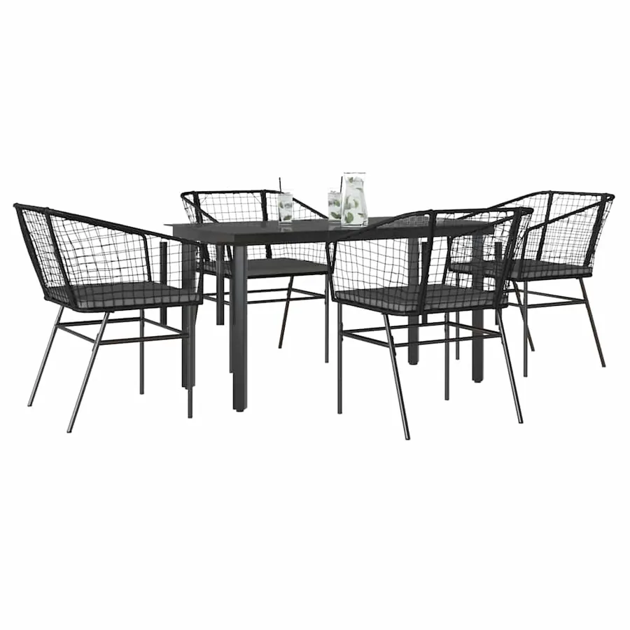 Ensemble à manger de jardin et coussins 5 pcs noir rotin verre