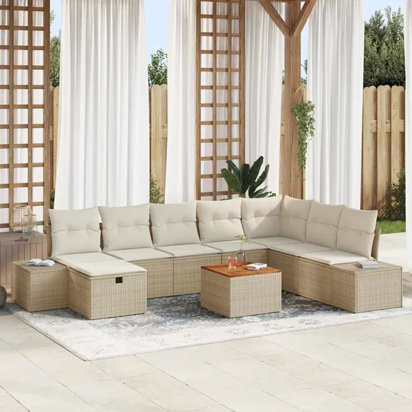 Ensemble de canapé de jardin avec coussin 9 pcs Beige polyrotin