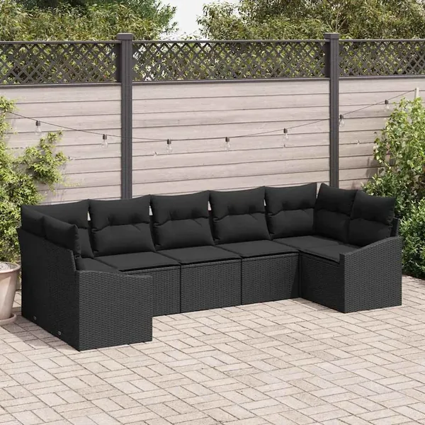 Ensemble de Canapés avec coussin 7 pcs Noir polyrotin