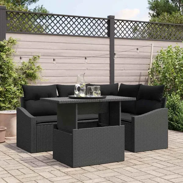 Ensemble de canapé de jardin avec coussin 5 pcs Noir polyrotin