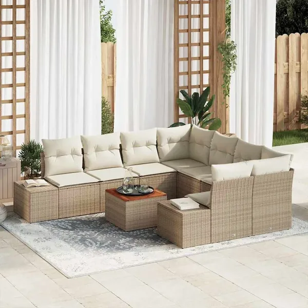 Ensemble de canapé de jardin avec coussin 9 pcs Beige polyrotin
