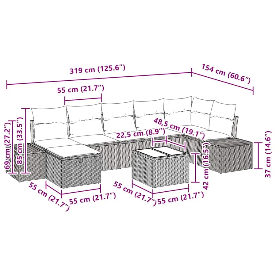 Ensemble de canapé de jardin 8 pcs Gris clair polyrotin - 11