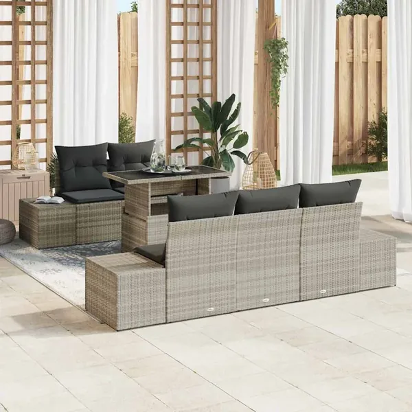 Ensemble de Canapés avec coussin 6 pcs Gris clair polyrotin