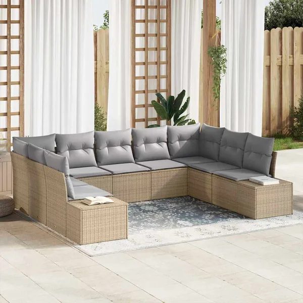 Ensemble de canapé de jardin avec coussin 9 pcs Beige polyrotin
