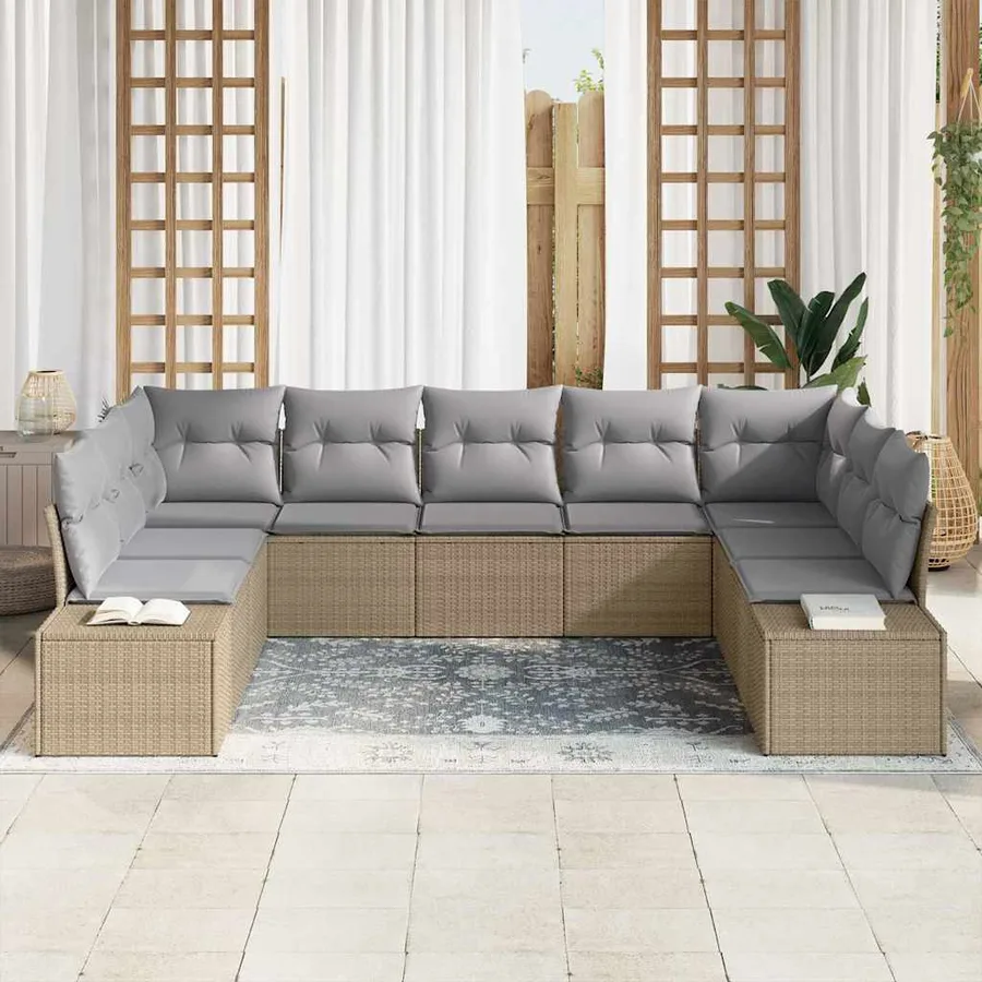 Ensemble de canapé de jardin avec coussin 9 pcs Beige polyrotin - 3
