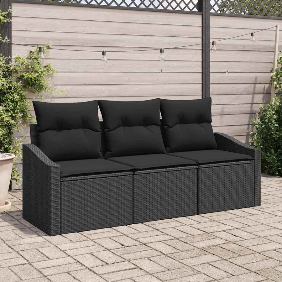 Ensemble de Canapés avec coussin 3 pcs Noir polyrotin