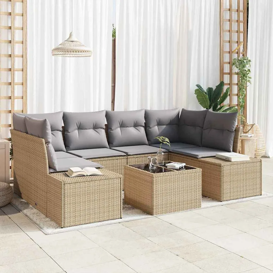 Ensemble de canapé de jardin avec coussin 7 pcs Beige polyrotin