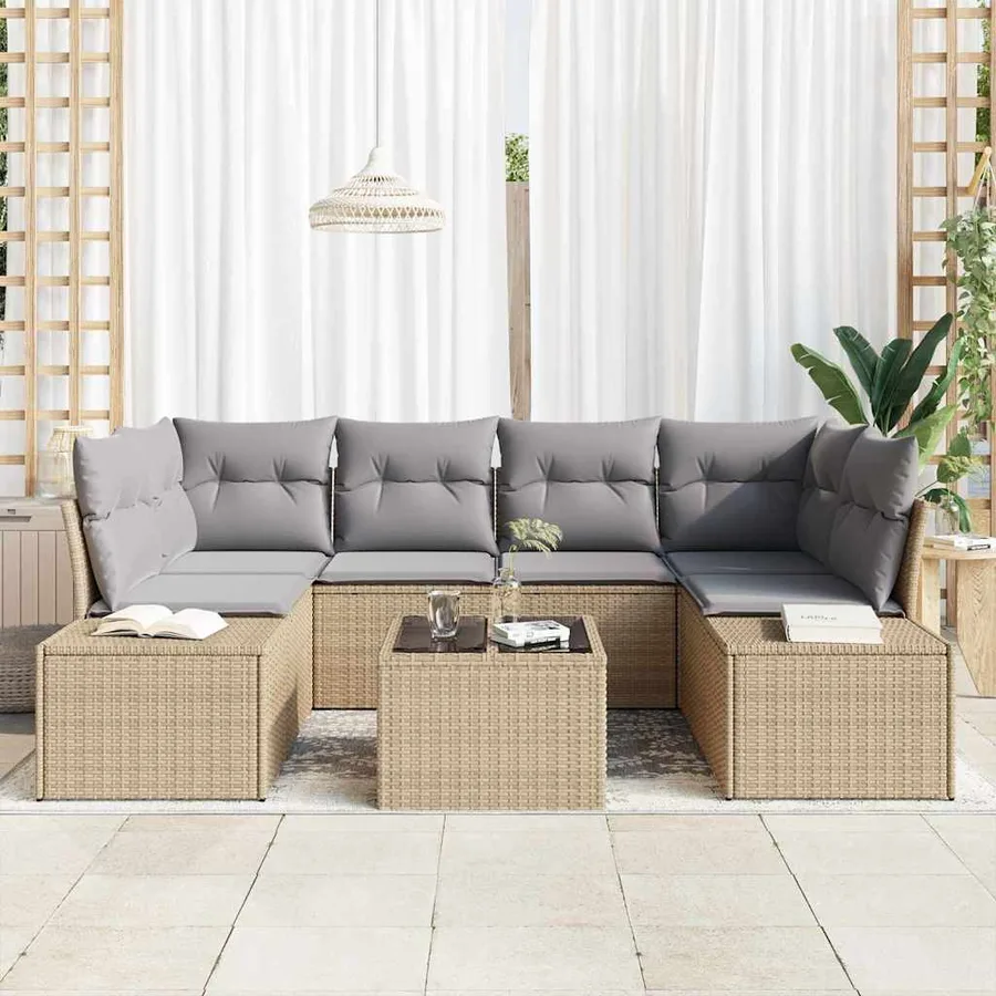 Ensemble de canapé de jardin avec coussin 7 pcs Beige polyrotin - 3