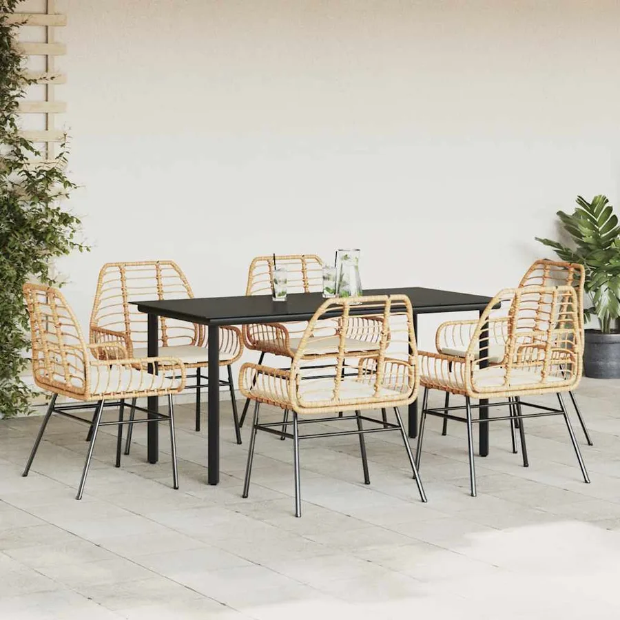 Ensemble à manger jardin coussins 7pcs marron poly rotin verre - 3