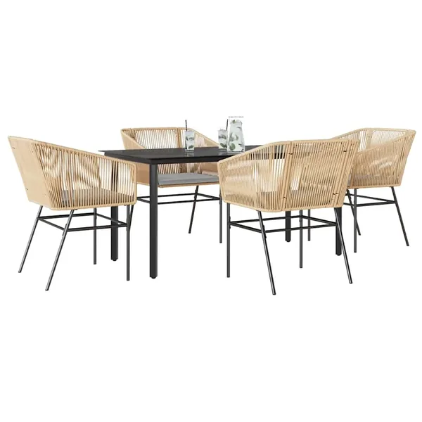 Ensemble à manger jardin coussins 5pcs marron poly rotin verre