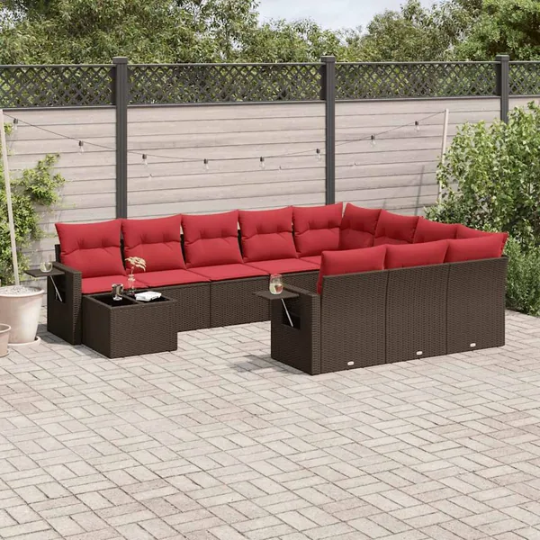 Ensemble de canapé de jardin 11 pcs avec coussins marron résine tressée