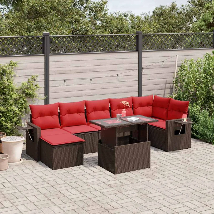 Ensemble de canapé de jardin 8 pcs avec coussins marron résine tressée