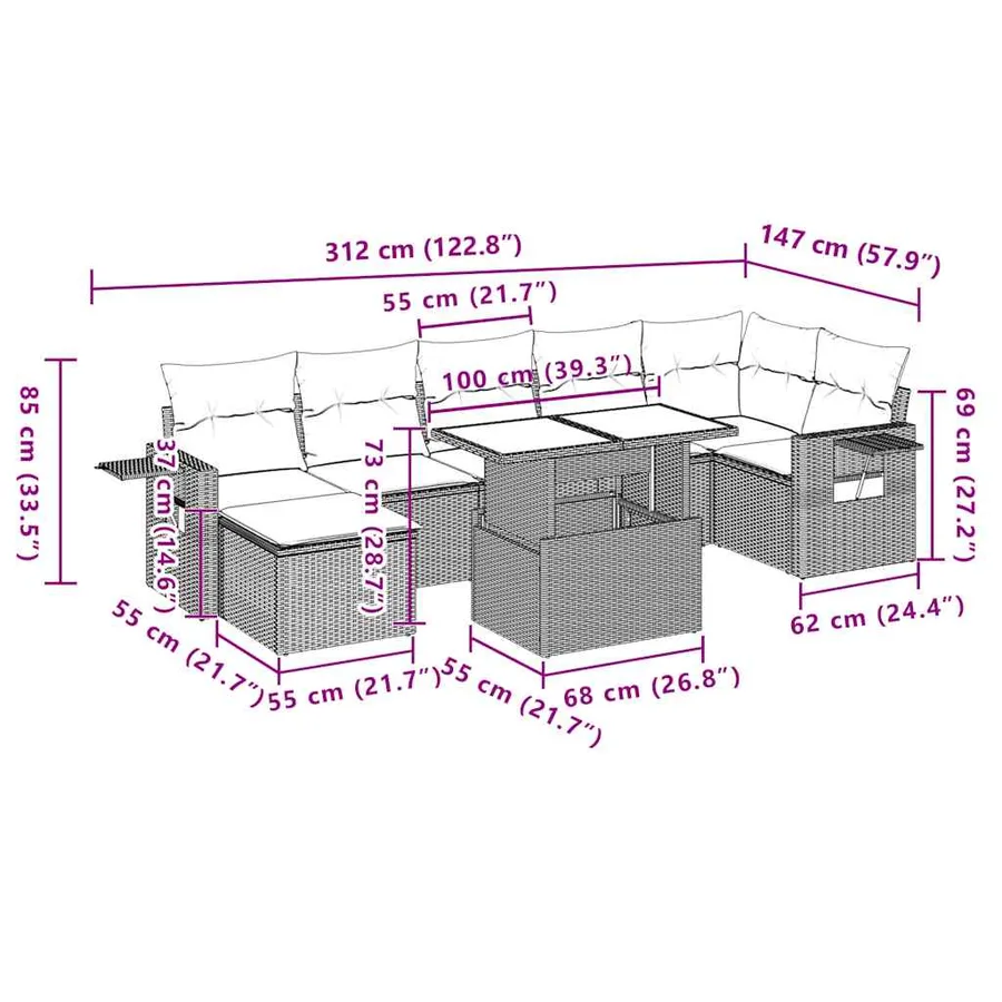 Ensemble de canapé de jardin 8 pcs avec coussins marron résine tressée - 12