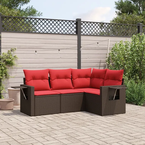 Ensemble de canapé de jardin 4 pcs avec coussins marron résine tressée