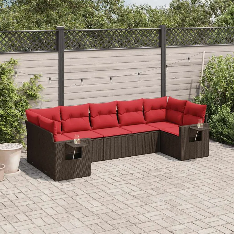 Ensemble de canapé de jardin 7 pcs avec coussins marron résine tressée