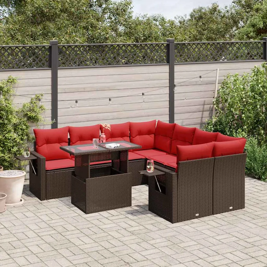 Ensemble de canapé de jardin 9 pcs avec coussins marron résine tressée