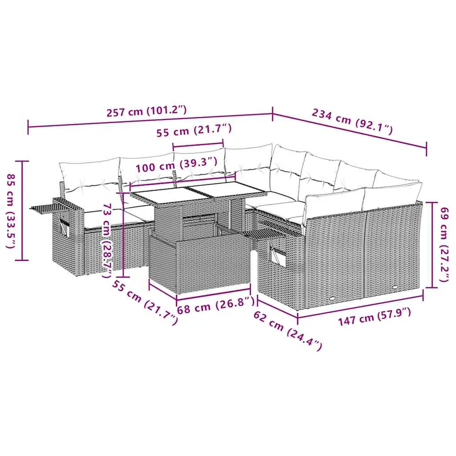 Ensemble de canapé de jardin 9 pcs avec coussins marron résine tressée - 11