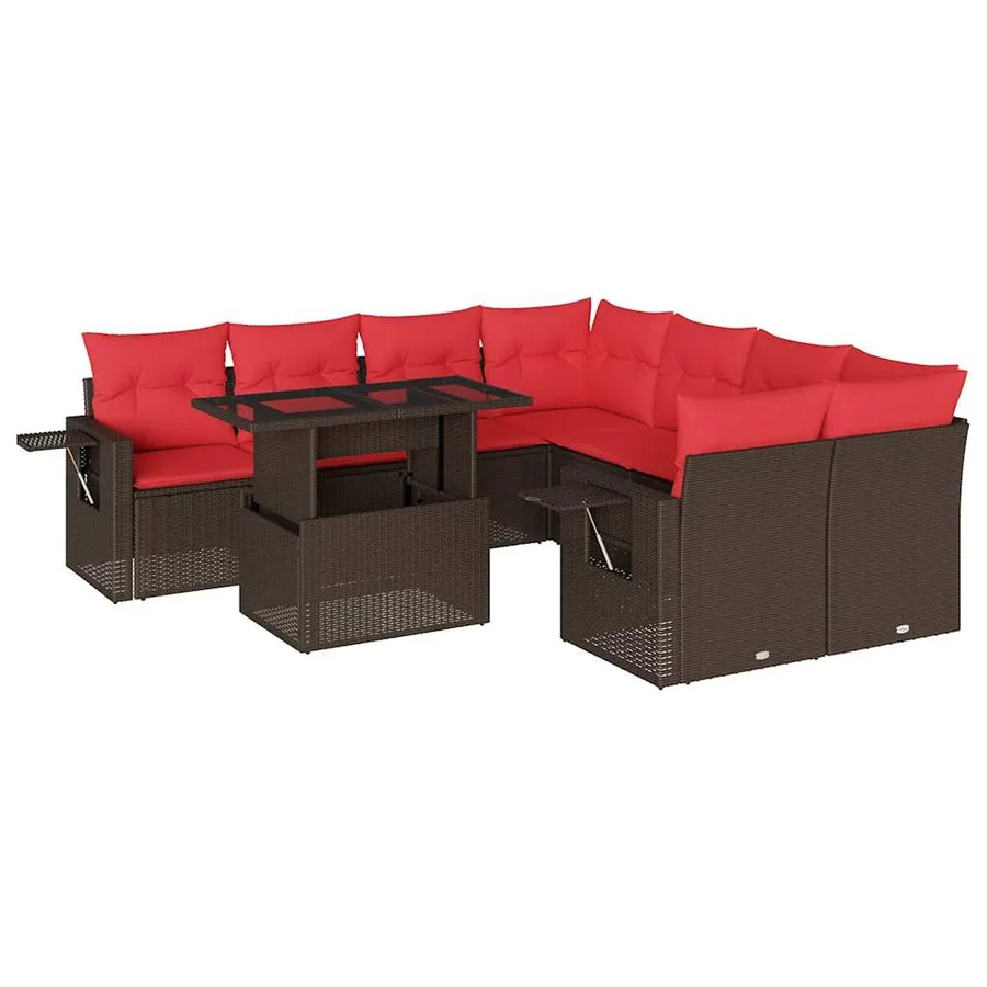 Ensemble de canapé de jardin 9 pcs avec coussins marron résine tressée - 2