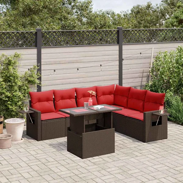 Ensemble de canapé de jardin 7 pcs avec coussins marron résine tressée