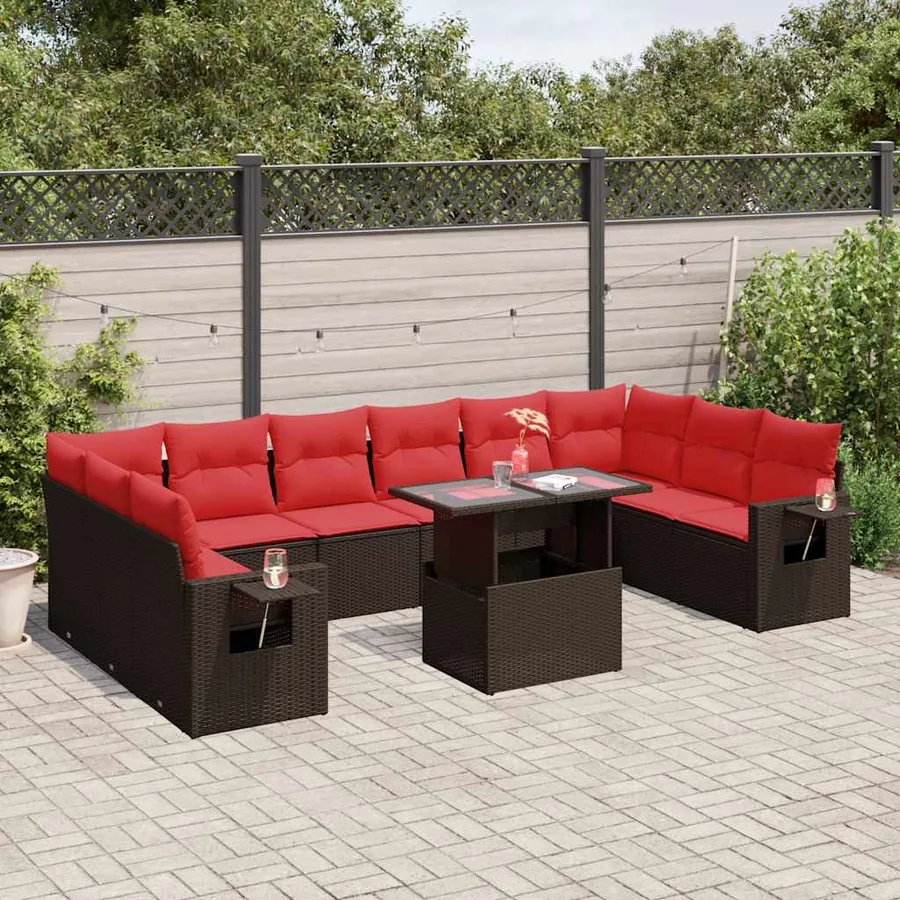 Ensemble de canapé de jardin 11 pcs avec coussins marron résine tressée