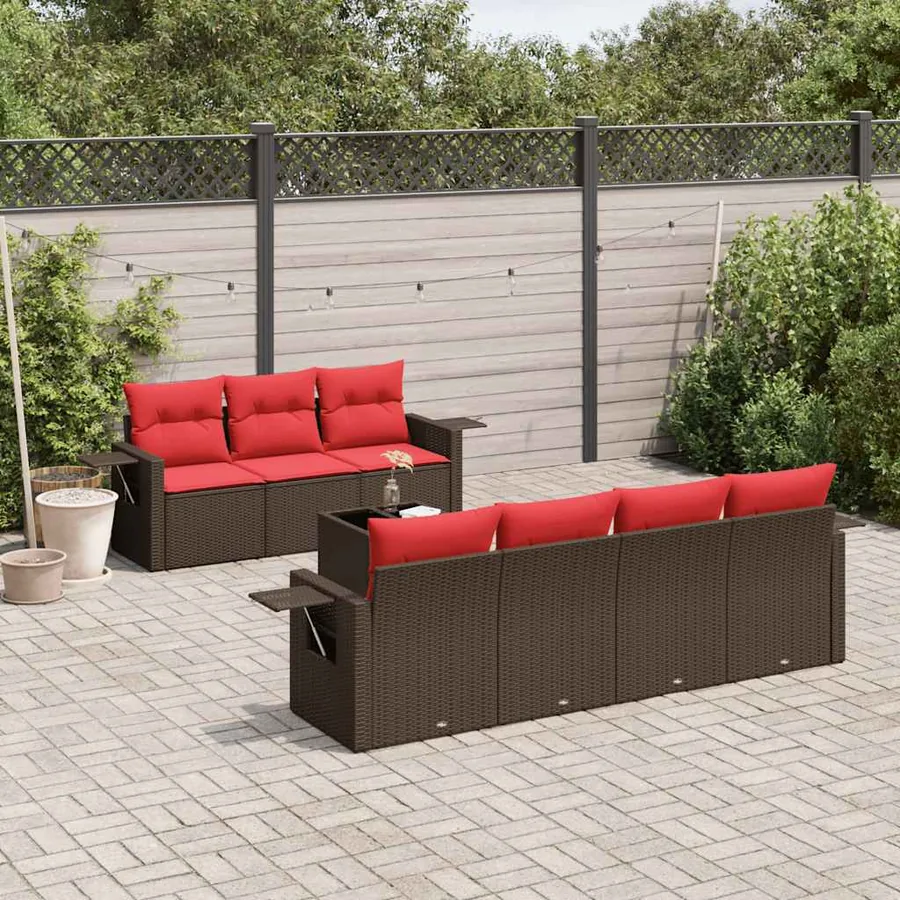 Ensemble de canapé de jardin 8 pcs avec coussins marron résine tressée