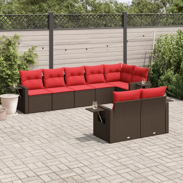 Ensemble de canapé de jardin 8 pcs avec coussins marron résine tressée