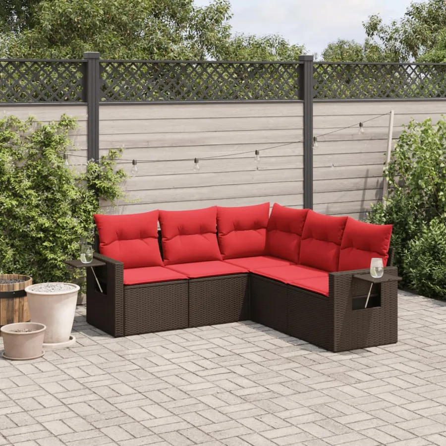 Ensemble de canapé de jardin 5 pcs avec coussins marron résine tressée