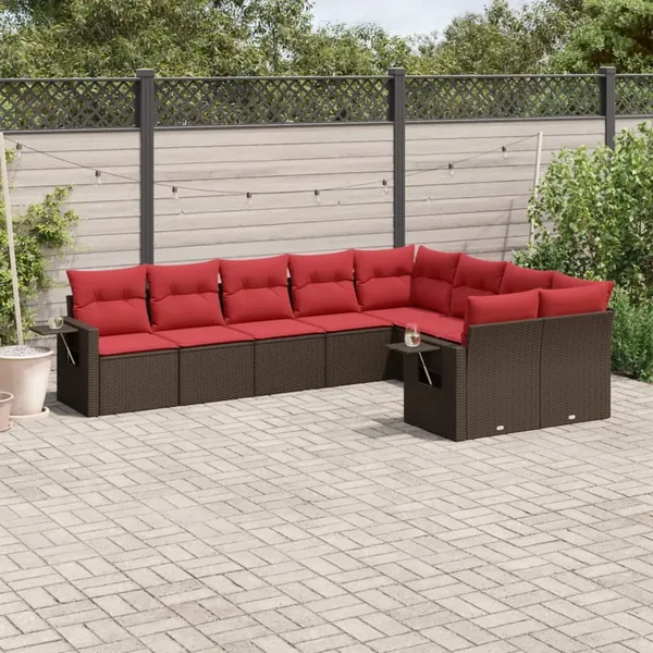 Ensemble de canapé de jardin 9 pcs avec coussins marron résine tressée