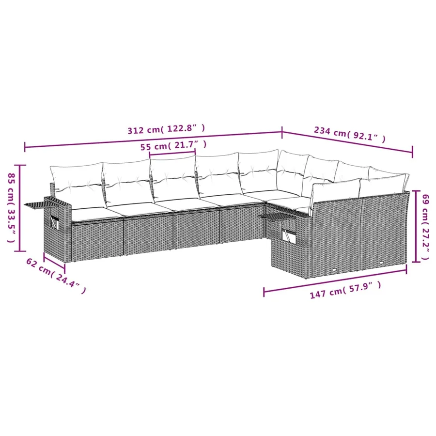 Ensemble de canapé de jardin 9 pcs avec coussins marron résine tressée - 8