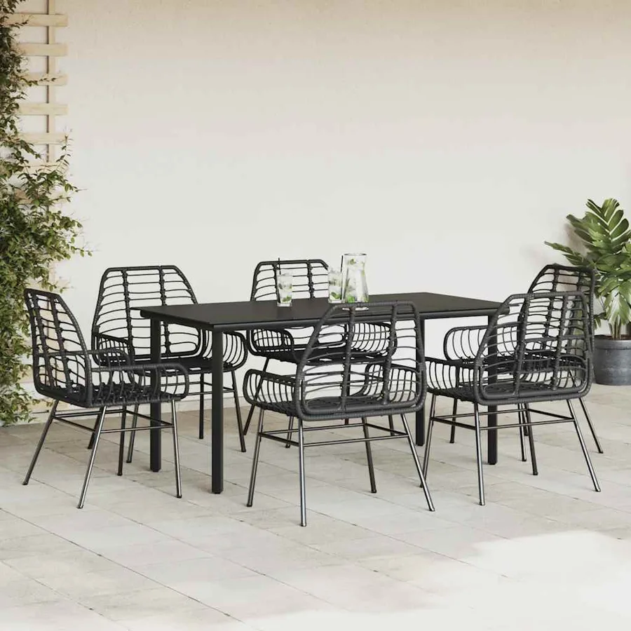 Ensemble à manger de jardin 7pcs noir poly rotin verre - 3