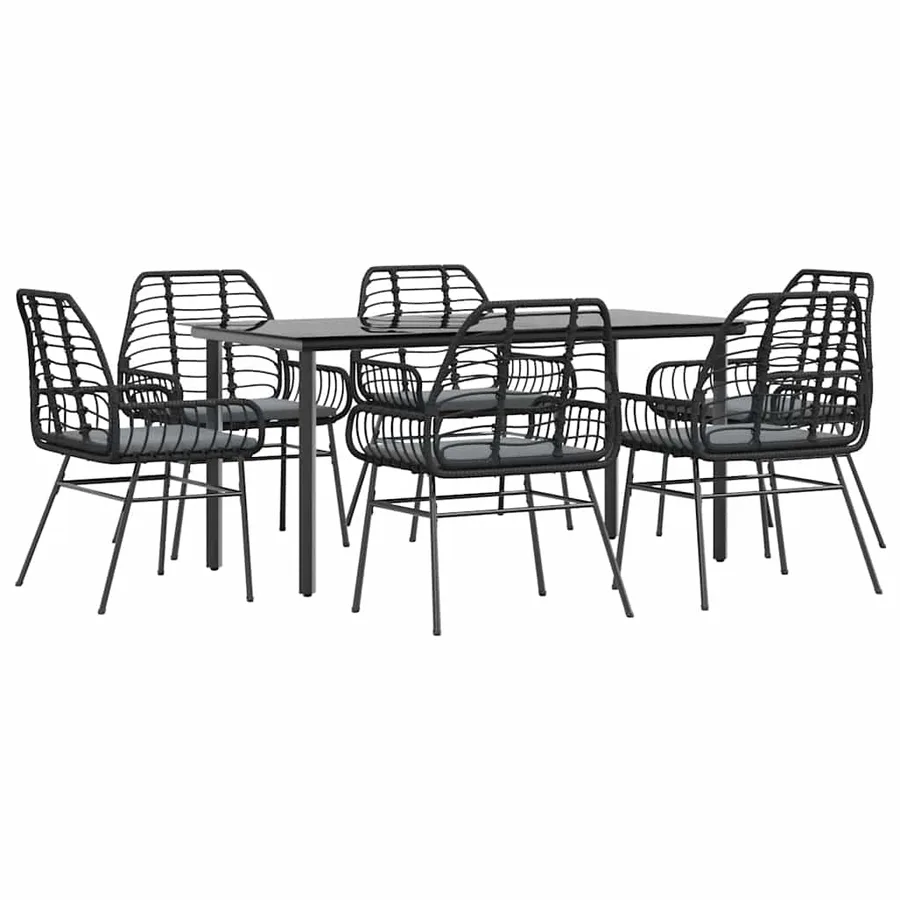 Ensemble à manger de jardin coussins 7pcs noir poly rotin verre - 2