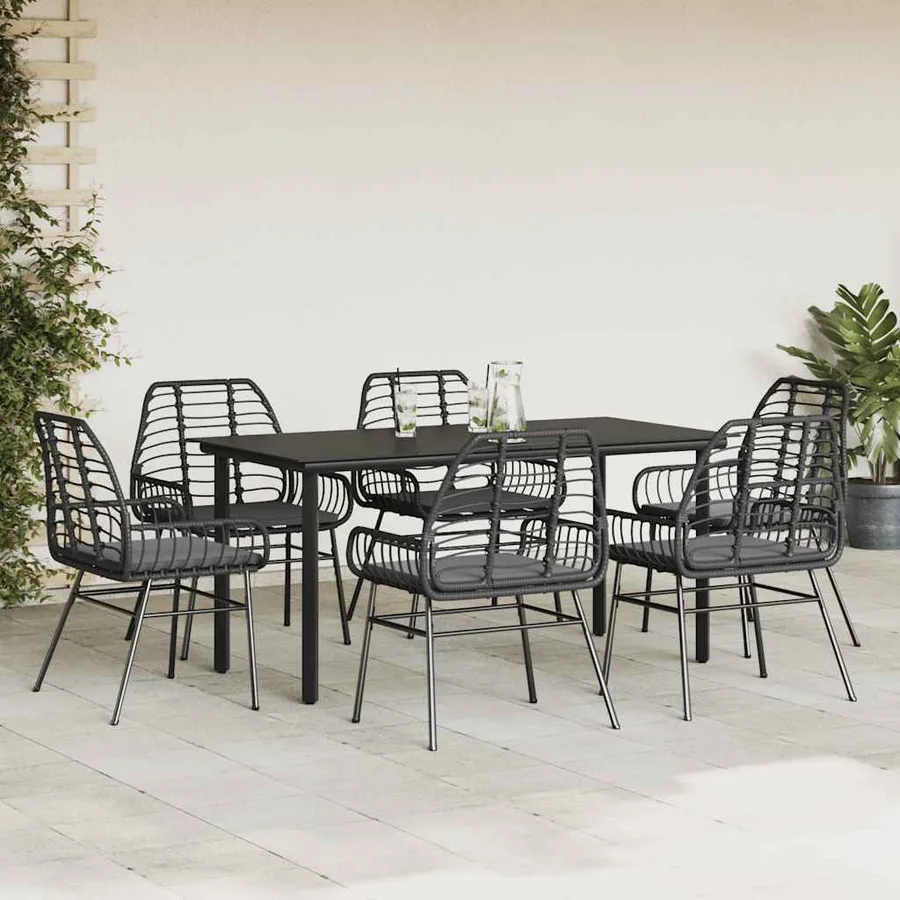 Ensemble à manger de jardin coussins 7pcs noir poly rotin verre - 3