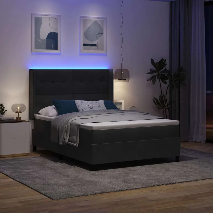 Lit à ressorts avec bandes LED Noir 140 x 190 cm Velours - 5