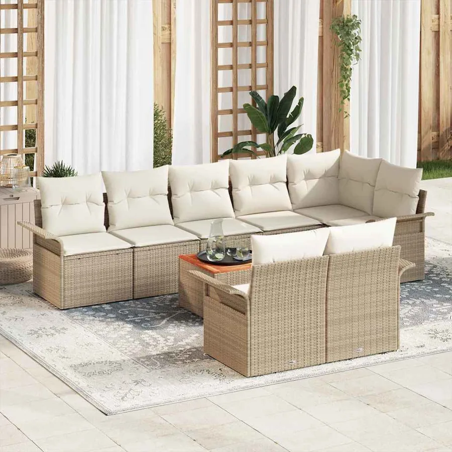 Ensemble de canapé de jardin avec coussin 9 pcs Beige polyrotin