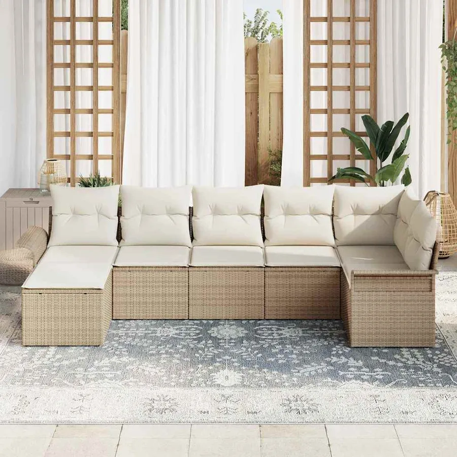 Ensemble de canapé de jardin avec coussin 7 pcs Beige polyrotin - 3