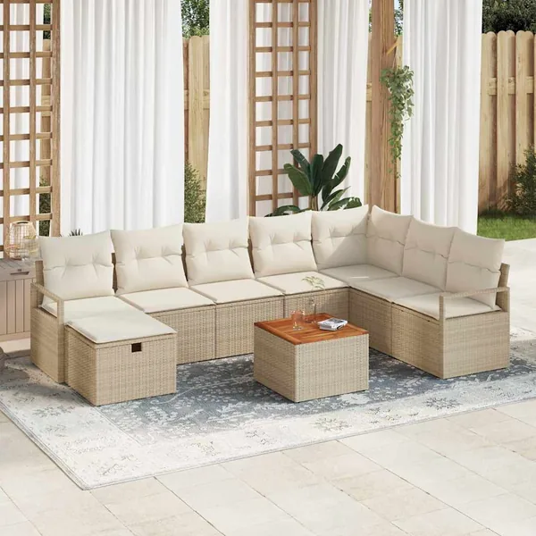 Ensemble de canapé de jardin avec coussin 9 pcs Beige polyrotin