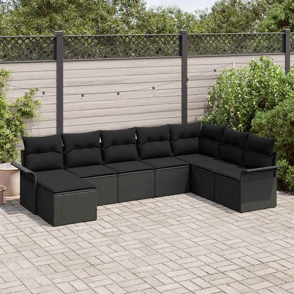 Ensemble de canapé de jardin avec coussin 8 pcs Noir Poly rotin