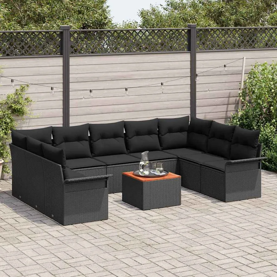Ensemble de canapé de jardin avec coussin 10 pcs Noir polyrotin - 3