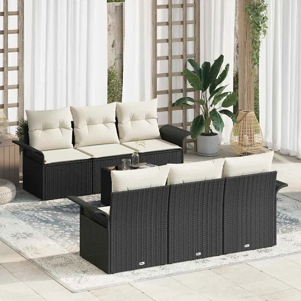 Ensemble de canapé de jardin 7 pcs Noir et Crème polyrotin