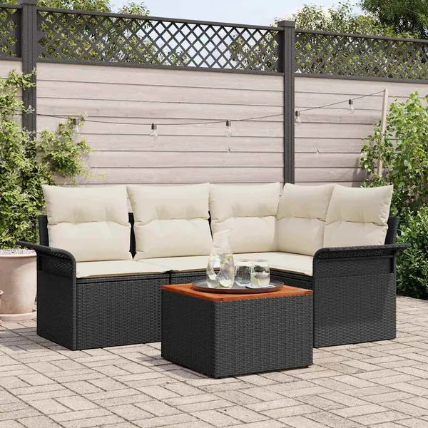 Ensemble de canapé de jardin 5 pcs Noir et Crème polyrotin