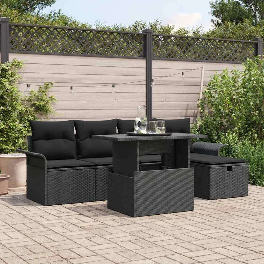 Ensemble de canapé de jardin avec coussin 6 pcs Noir Poly rotin