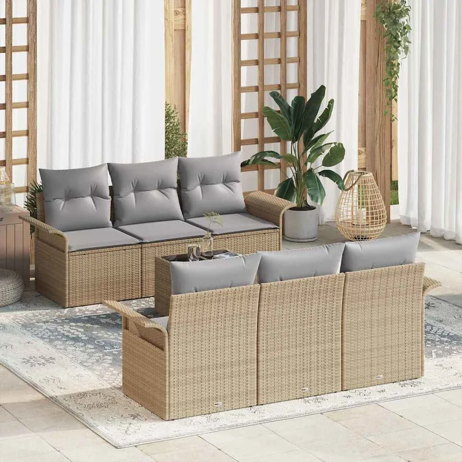Ensemble de canapé de jardin avec coussin 7 pcs Beige polyrotin