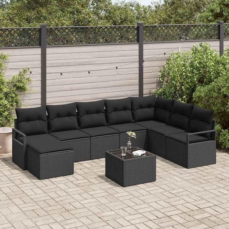 Ensemble de Canapés avec coussin 9 pcs Noir polyrotin
